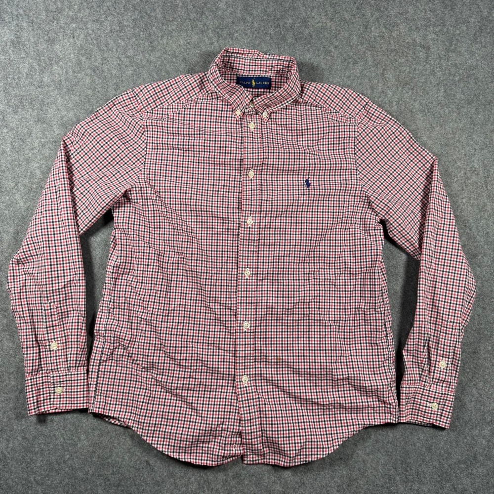 Ralph Lauren Mens Gingham Button Down Shirt Red White Blue Long Sleeve Cotton